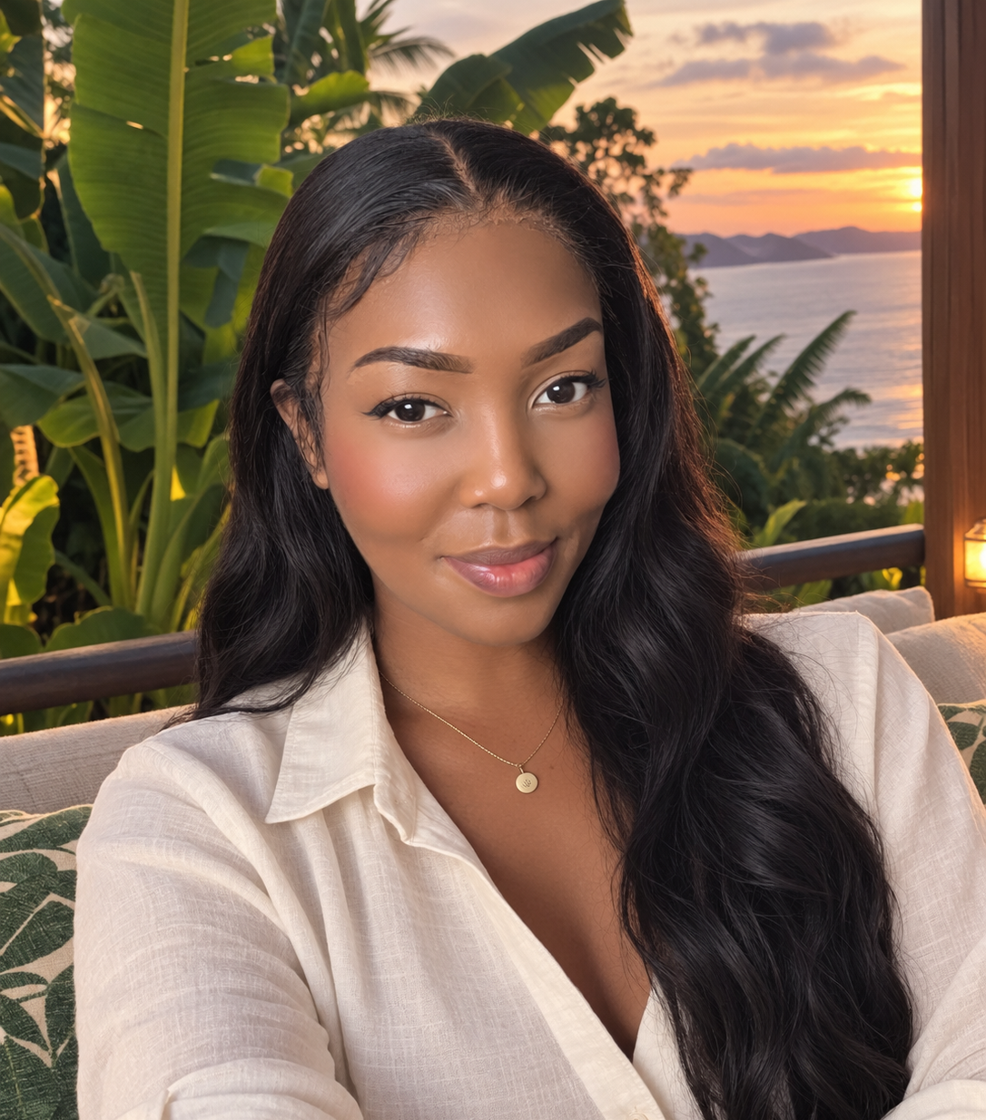 Tiffany, founder of Cabana al Sol Travel, at a tropical sunset
