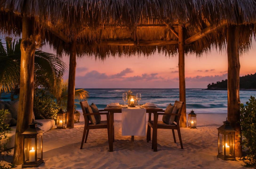 Candlelit dinner table under a palapa at golden hour