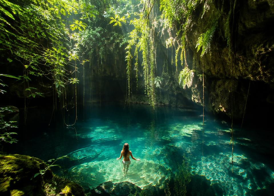 Sunbeams cutting into a turquoise cenote in the Tulum jungle
