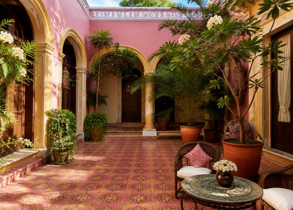 Courtyard of a colorful boutique hotel with hand-painted tiles